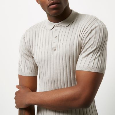 Light grey ribbed musle fit polo shirt